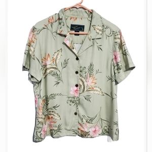 Island Traders Green Floral Tropical Women's Short Sleeve Button Blouse Size  L